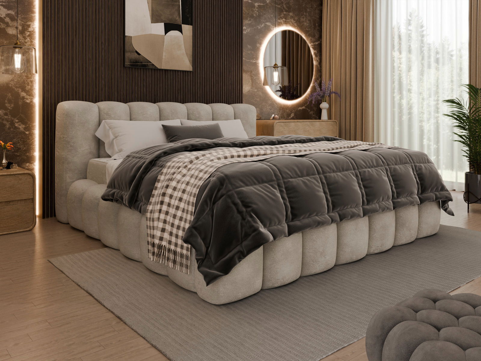 Luxuriöses Polsterbettgestell in einem stilvoll eingerichteten Schlafzimmer, seitliche Perspektive