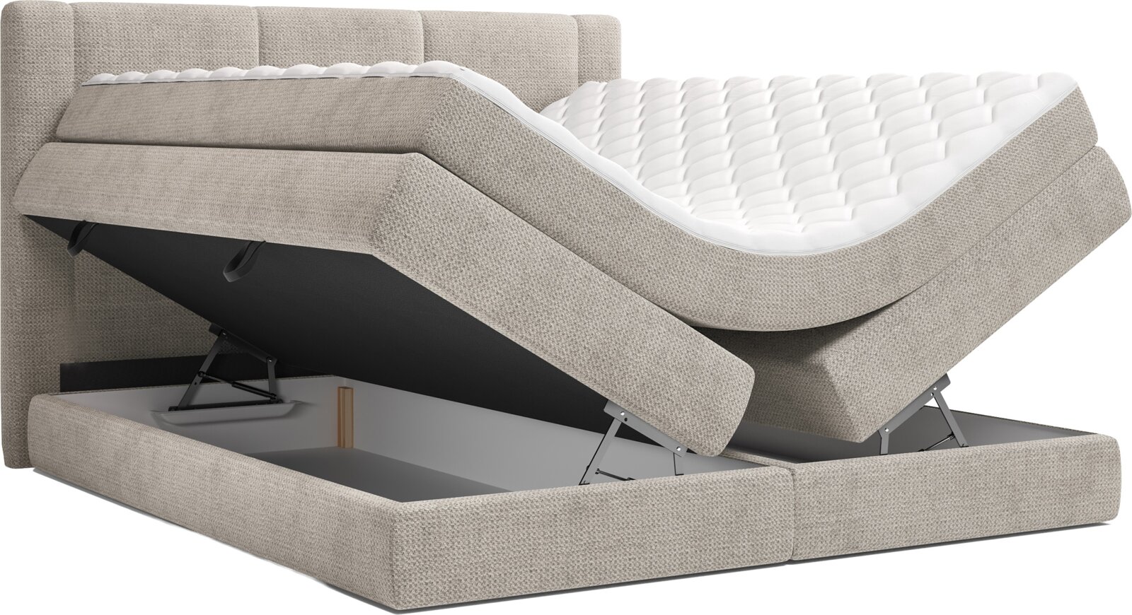 Beiges Boxspringbett mit gepolstertem Kopfteil und geteilter, motorisch verstellbarer Liegefläche; Matratze teilweise angehoben, Stauraum im Bettkasten sichtbar – Seitenansicht in leichter Schrägperspektive.
