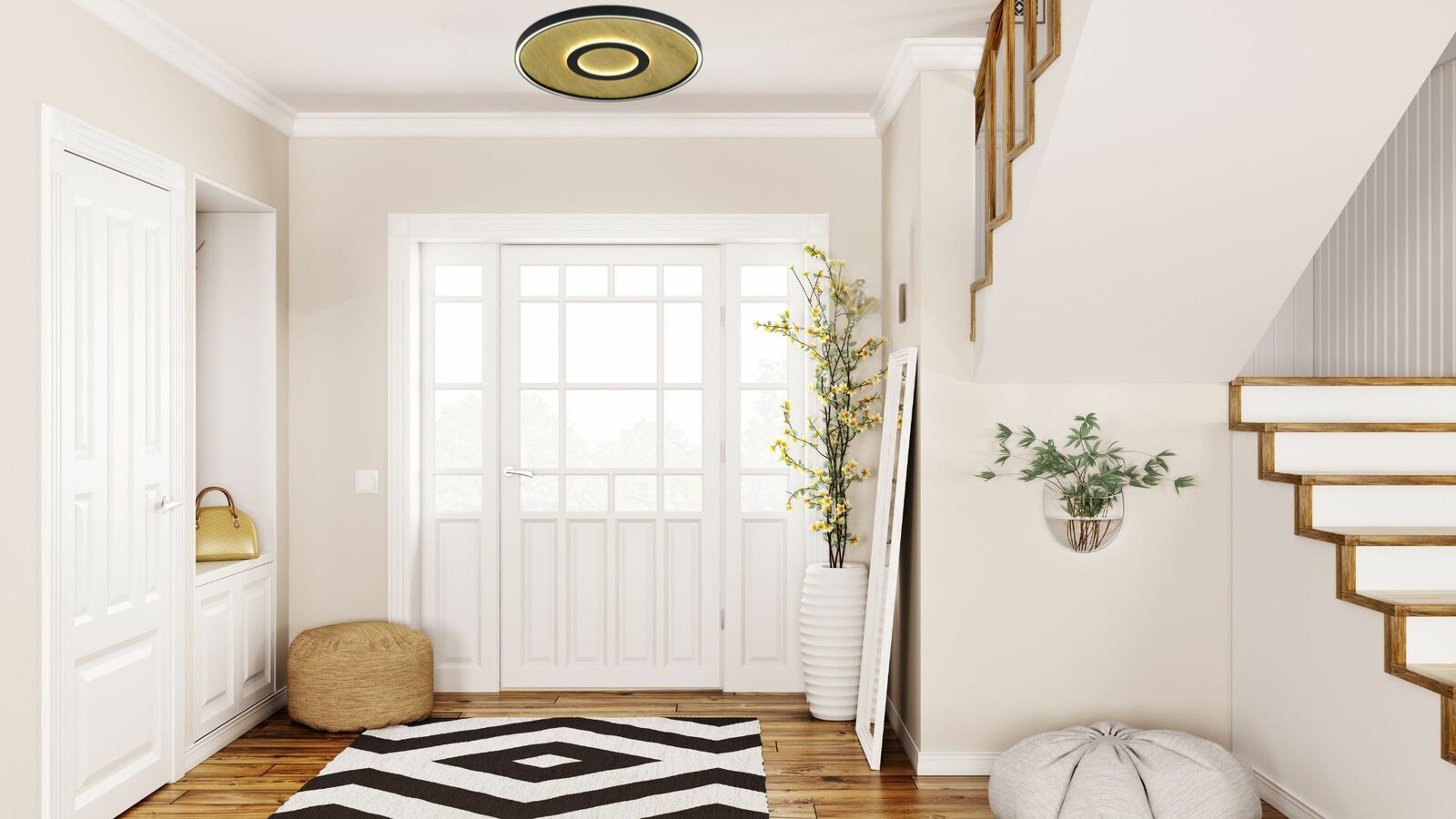 Moderne LED-Deckenleuchte in einem stilvollen Wohnzimmer, von unten betrachtet.