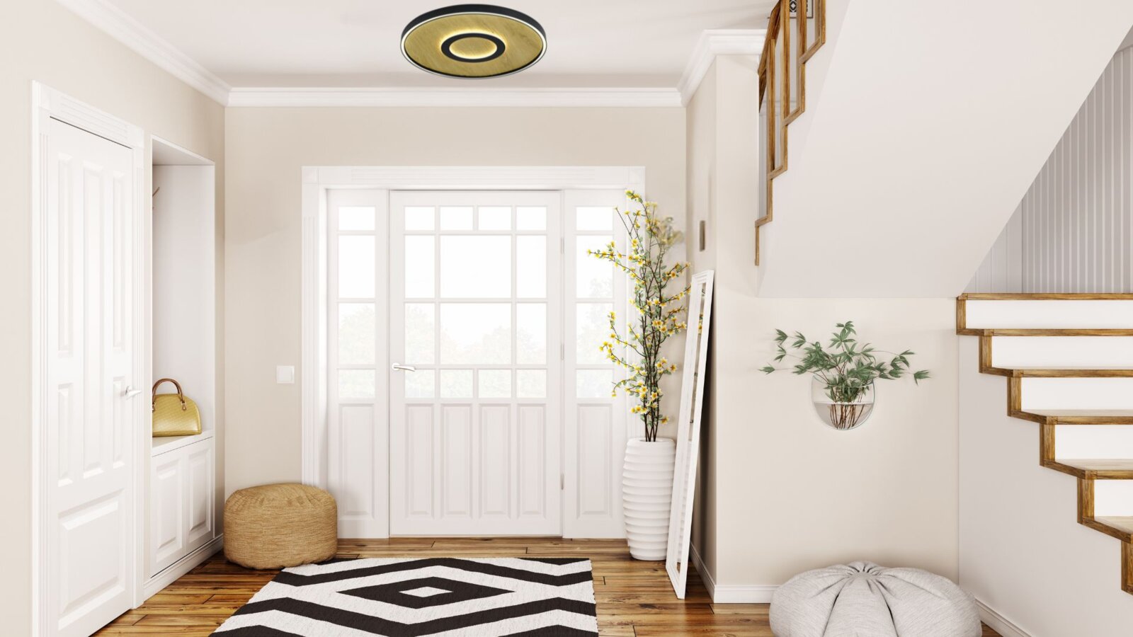 Moderne LED-Deckenleuchte in einem stilvollen Wohnzimmer, von unten betrachtet.