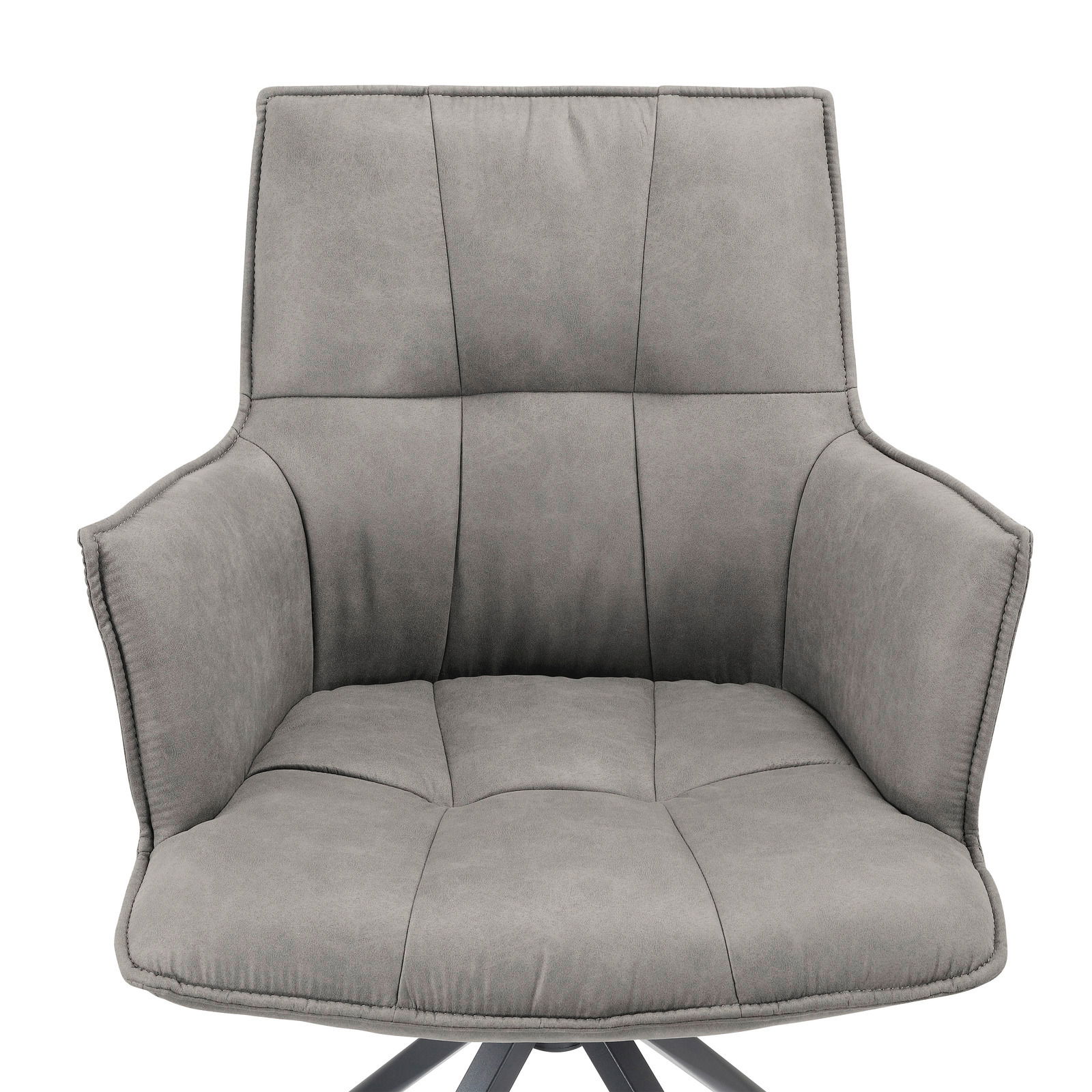 Grauer Sessel mit gepolstertem Sitz und Rückenlehne, Frontalansicht