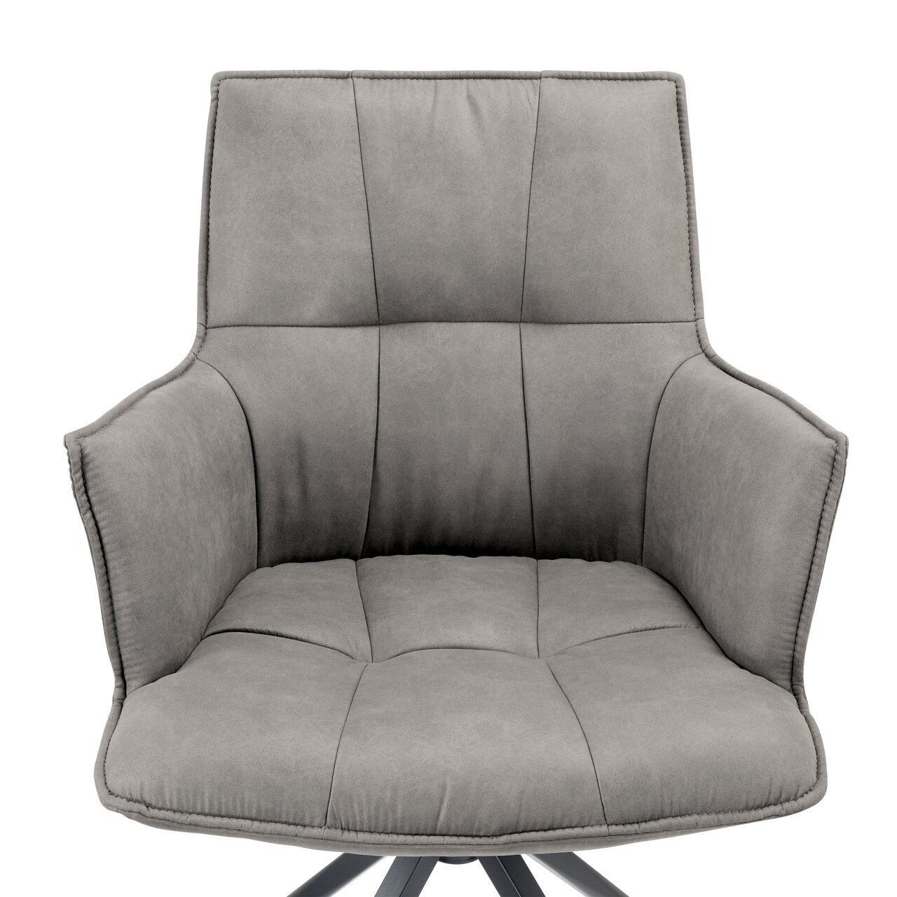 Grauer Sessel mit gepolstertem Sitz und Rückenlehne, Frontalansicht