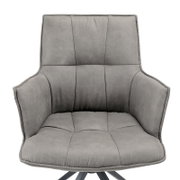 Grijze fauteuil met gestoffeerde zitting en rugleuning, vooraanzicht