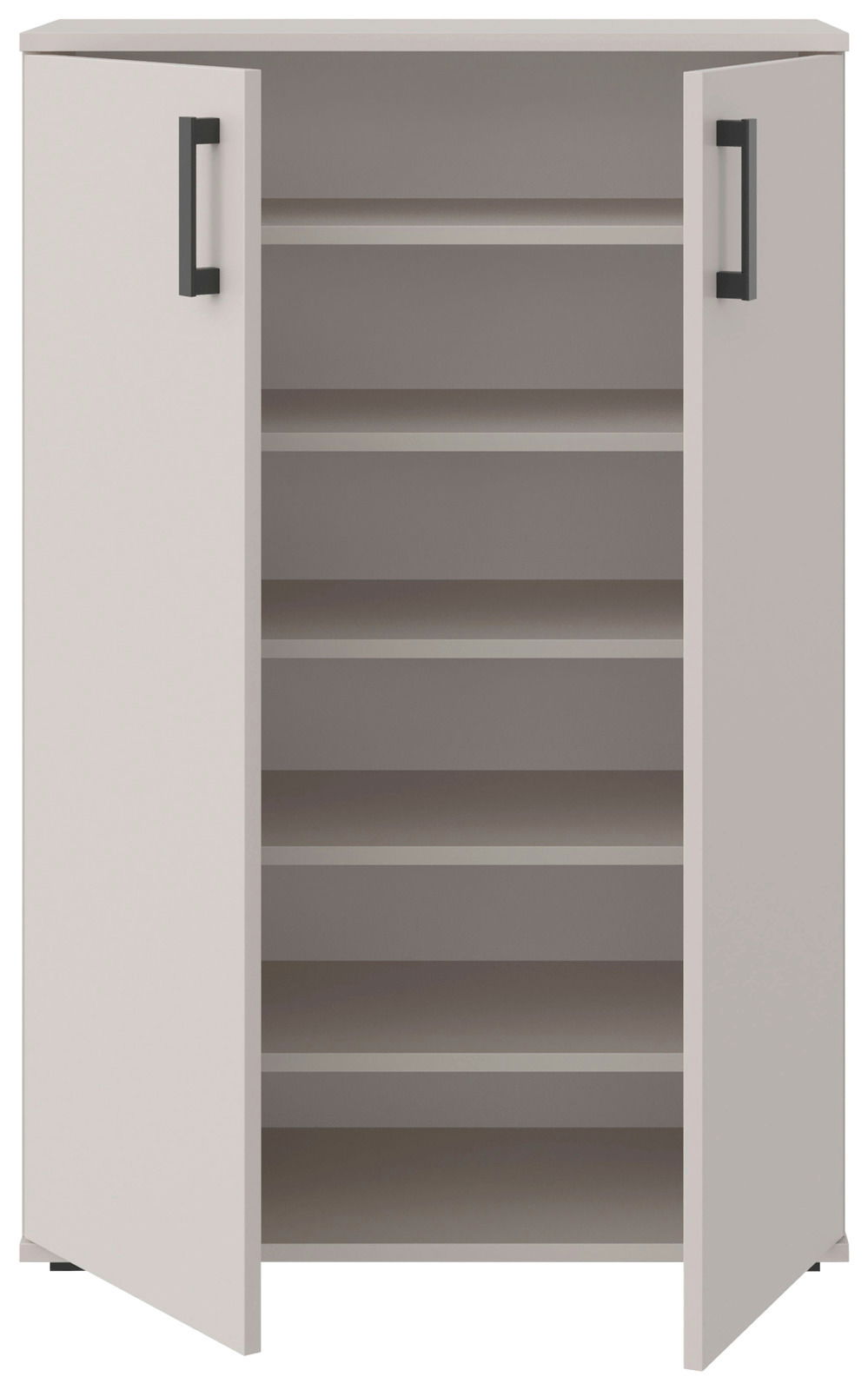 Schuhschrank mit zwei offenen Türen und mehreren Regalböden, Frontalansicht