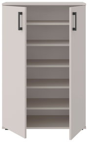 Schuhschrank mit zwei offenen Türen und mehreren Regalböden, Frontalansicht