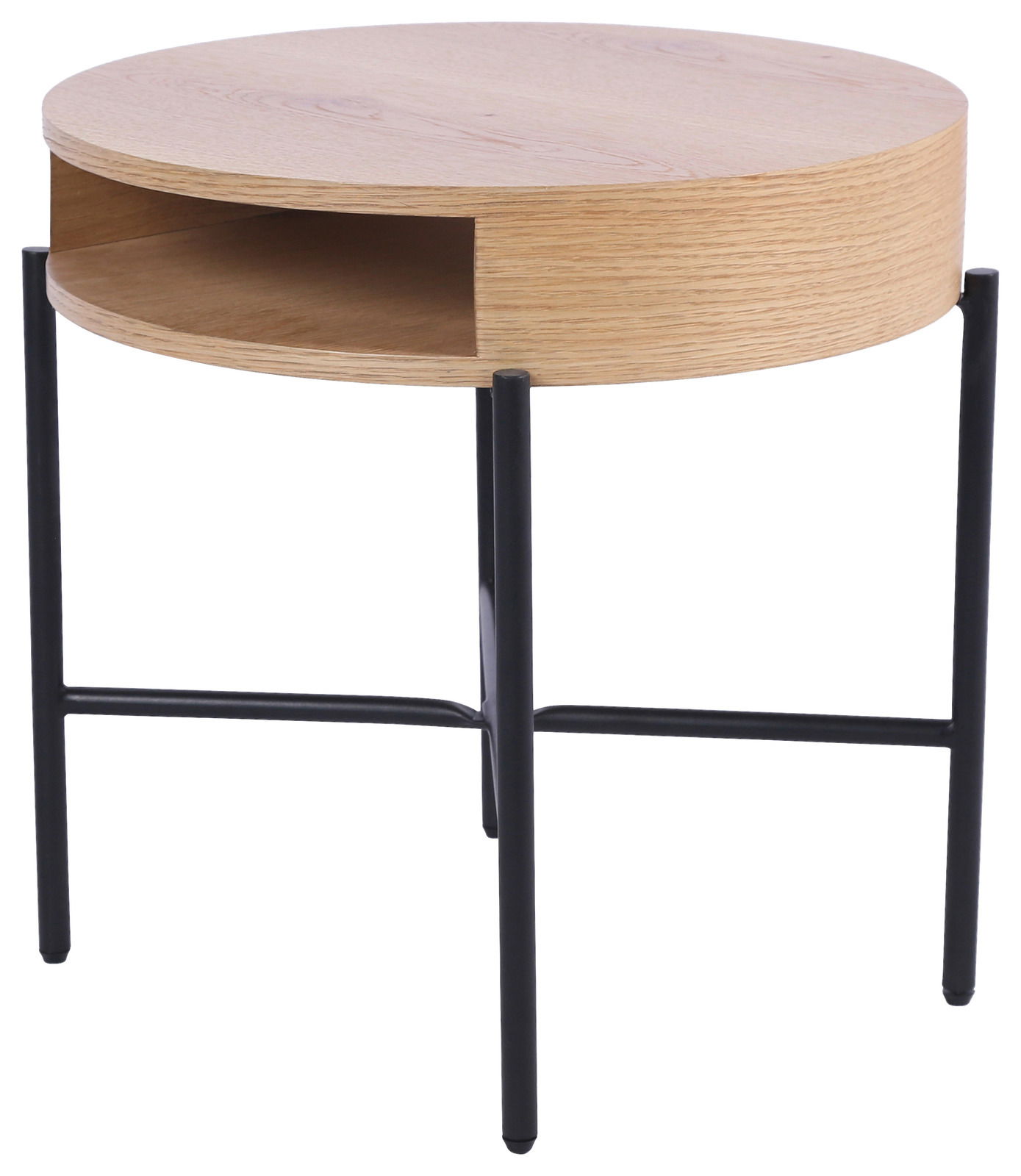 Runder Beistelltisch aus Holz mit schwarzem Metallgestell, seitliche Perspektive