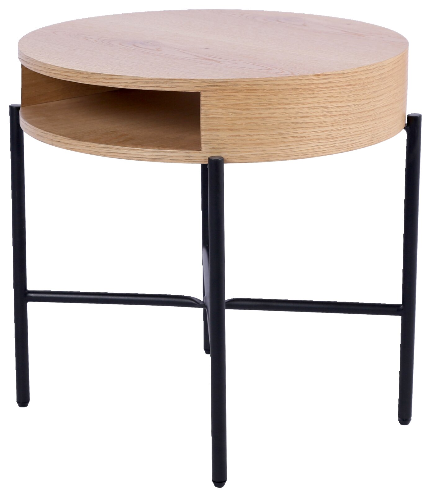 Ronde bijzettafel van hout met een zwart metalen onderstel, zijaanzicht