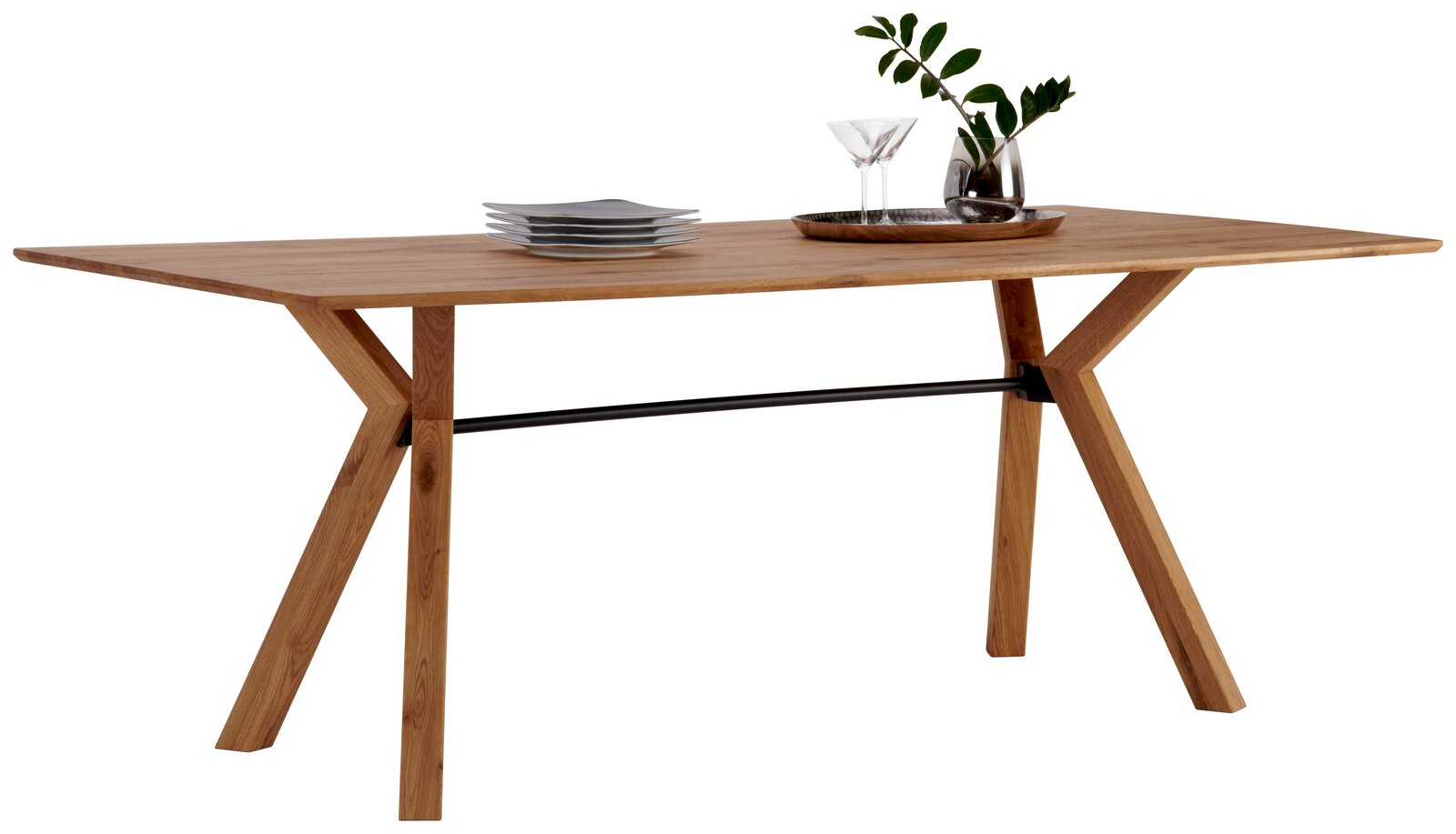 Dieter Knoll Esstisch MONDELLO Moderner Esstisch aus Holz mit schrägen Beinen und schwarzer Querstrebe, seitliche Perspektive