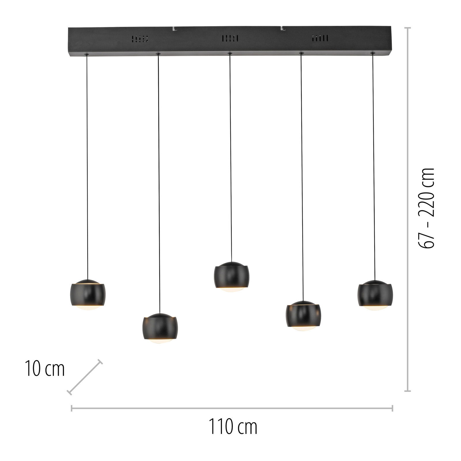Moderne Pendelleuchte BALLINI mit fünf schwarzen Lampenschirmen, von der Seite betrachtet, mit verstellbarer Höhe von 67 bis 220 cm und einer Breite von 110 cm.