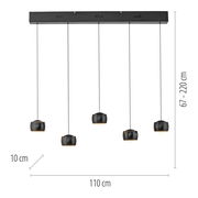 Moderne Pendelleuchte BALLINI mit fünf schwarzen Lampenschirmen, von der Seite betrachtet, mit verstellbarer Höhe von 67 bis 220 cm und einer Breite von 110 cm.