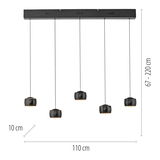 Moderne Pendelleuchte BALLINI mit fünf schwarzen Lampenschirmen, von der Seite betrachtet, mit verstellbarer Höhe von 67 bis 220 cm und einer Breite von 110 cm.