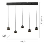 Moderne hanglamp BALLINI met vijf zwarte lampenkappen, gezien vanaf de zijkant, met een verstelbare hoogte van 67 tot 220 cm en een breedte van 110 cm.