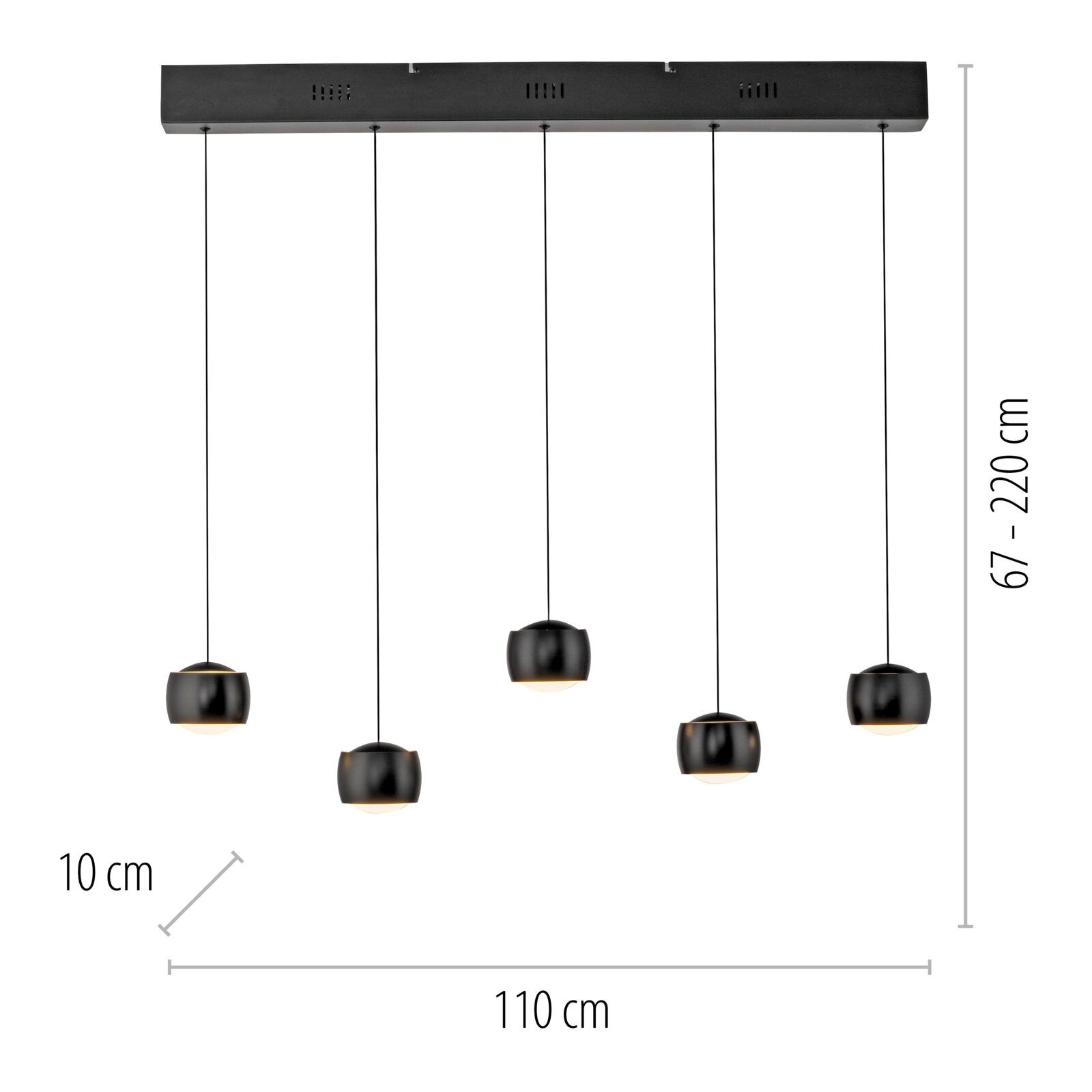 Moderne hanglamp BALLINI met vijf zwarte lampenkappen, gezien vanaf de zijkant, met een verstelbare hoogte van 67 tot 220 cm en een breedte van 110 cm.