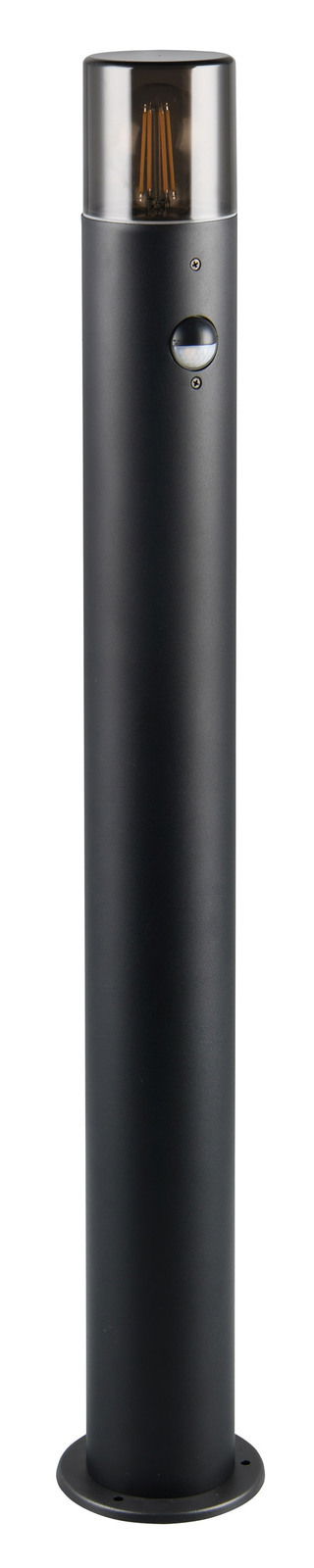 Schwarzer zylindrischer Pfosten mit transparentem oberen Teil und sichtbaren Glühfäden, frontal betrachtet.