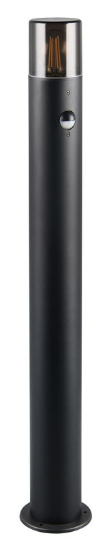 Schwarzer zylindrischer Pfosten mit transparentem oberen Teil und sichtbaren Glühfäden, frontal betrachtet.