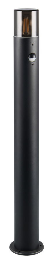 Schwarzer zylindrischer Pfosten mit transparentem oberen Teil und sichtbaren Glühfäden, frontal betrachtet.