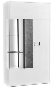 Weiße Vitrine mit Glastüren und grauem Akzent, frontal fotografiert