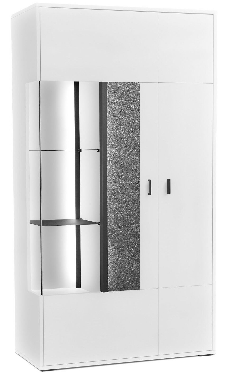 Weiße Vitrine mit Glastüren und grauem Akzent, frontal fotografiert