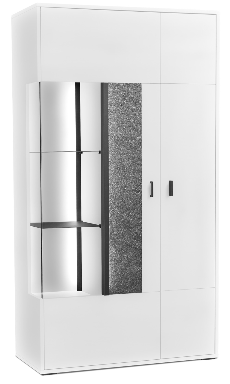 Weiße Vitrine mit Glastüren und grauem Akzent, frontal fotografiert