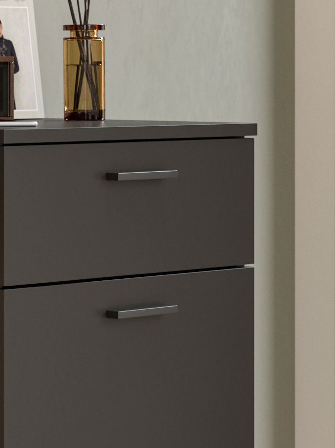 Nahaufnahme eines modernen, dunkelgrauen Schuhschranks mit zwei Schubladen und silbernen Griffen, dekoriert mit einer Vase und einem Bilderrahmen.