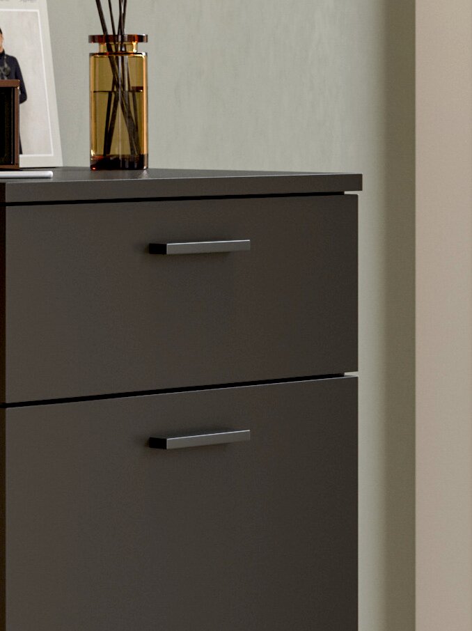 Nahaufnahme eines modernen, dunkelgrauen Schuhschranks mit zwei Schubladen und silbernen Griffen, dekoriert mit einer Vase und einem Bilderrahmen.