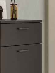 Nahaufnahme eines modernen, dunkelgrauen Schuhschranks mit zwei Schubladen und silbernen Griffen, dekoriert mit einer Vase und einem Bilderrahmen.