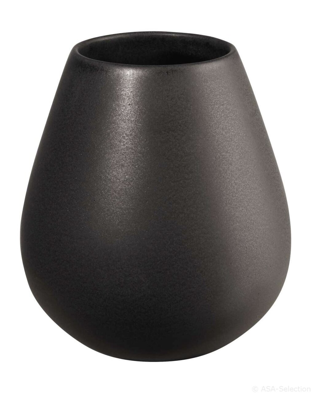 Schwarze Eisenvase mit glatter Oberfläche, seitliche Perspektive