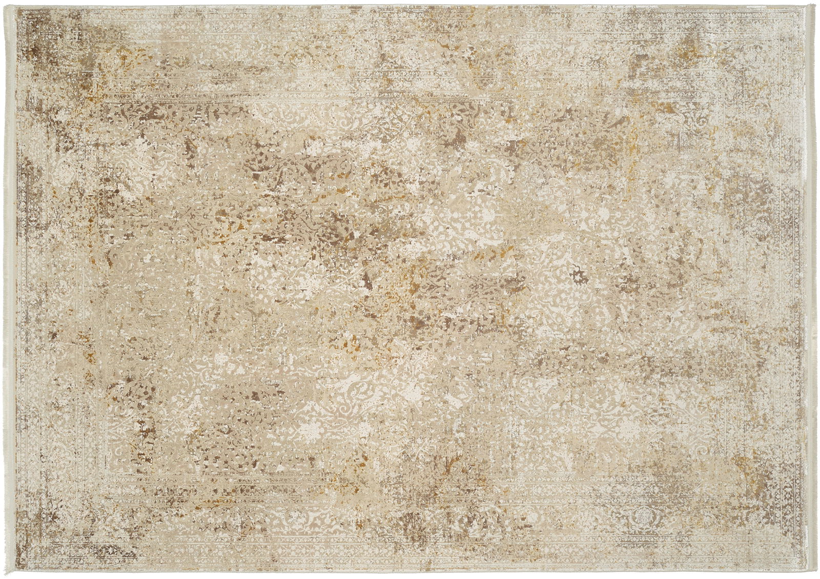 Designer Teppich in beige und braunen Tönen mit einem antiken, verwitterten Muster, aus der Vogelperspektive fotografiert.