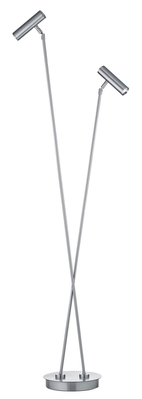 Moderne LED-Stehleuchte mit zwei verstellbaren Leuchtenköpfen, silbernes Design, seitliche Perspektive