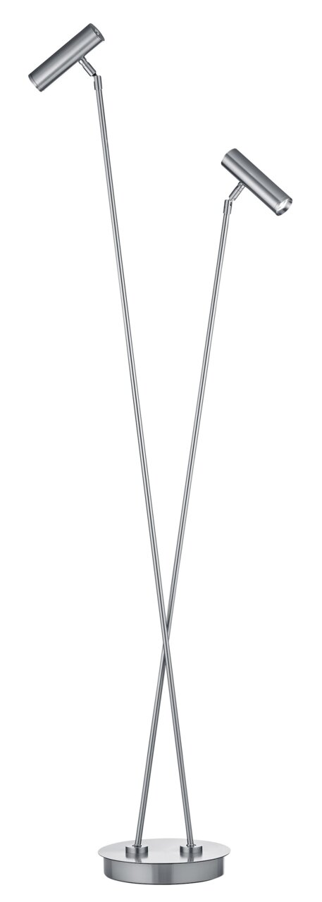 Moderne LED-Stehleuchte mit zwei verstellbaren Leuchtenköpfen, silbernes Design, seitliche Perspektive