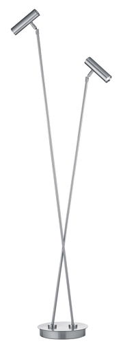 Moderne LED-Stehleuchte mit zwei verstellbaren Leuchtenköpfen, silbernes Design, seitliche Perspektive