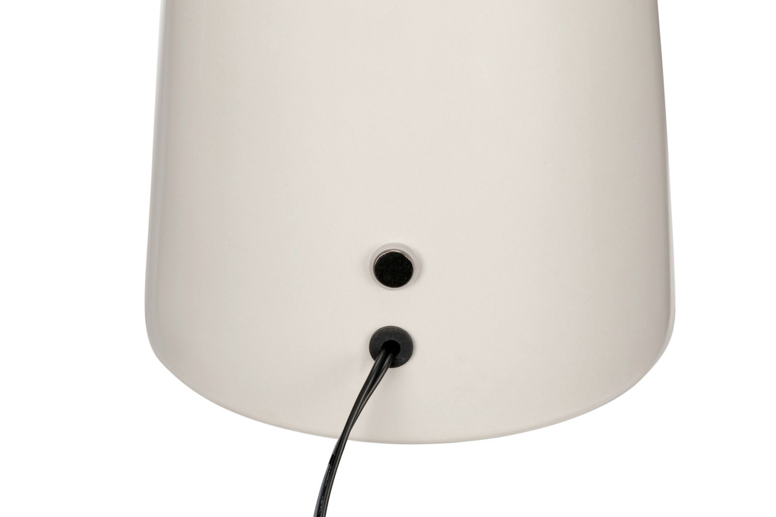 Rückansicht einer LED-Tischleuchte mit Kabelanschluss und Schalter.