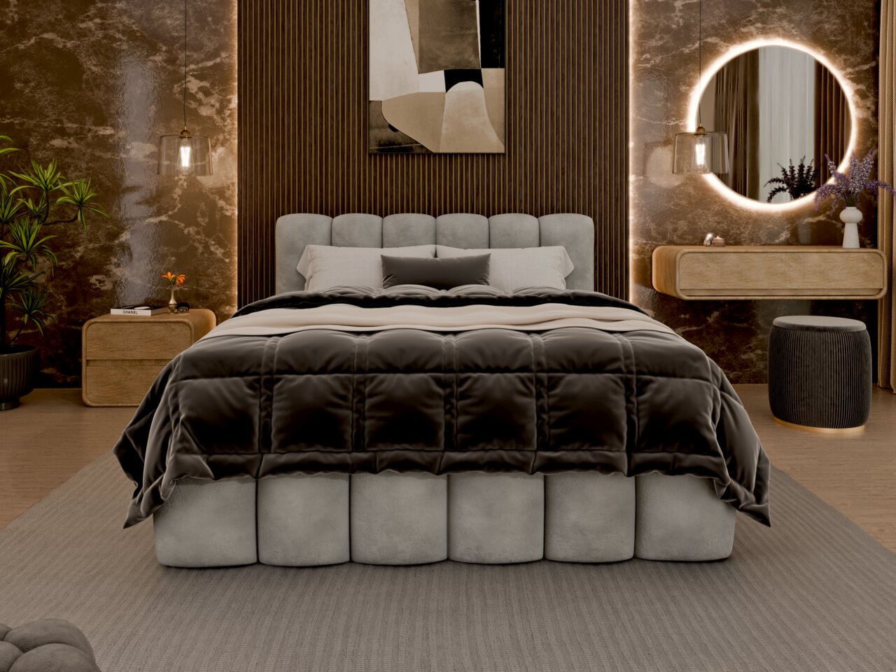 Vooraanzicht van een elegant gestoffeerd bed met een grijs hoofdeinde en luxe beddengoed in een stijlvol ingerichte slaapkamer.