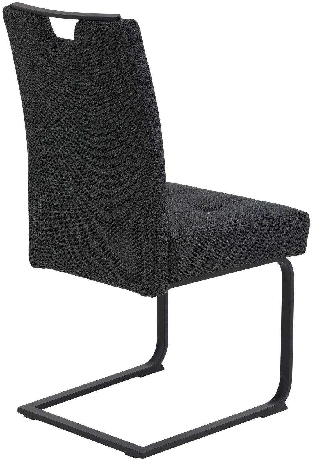 Rückansicht eines modernen Schwingstuhls mit schwarzem Stoffbezug und Metallgestell.