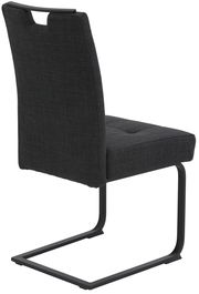 Rückansicht eines modernen Schwingstuhls mit schwarzem Stoffbezug und Metallgestell.