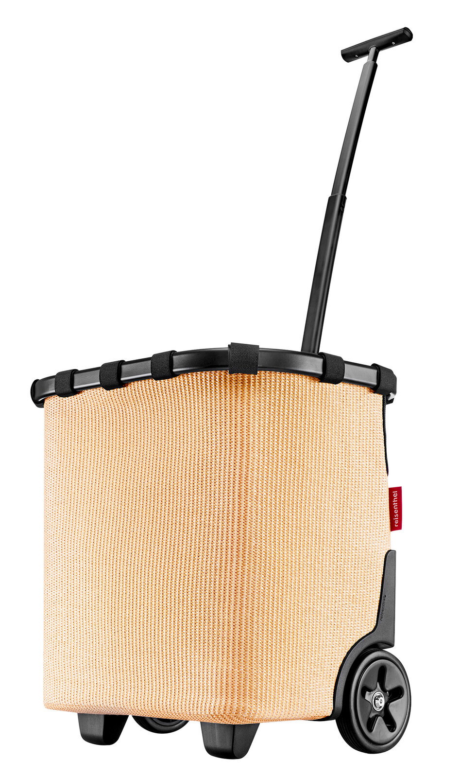 Seitenansicht eines beige-farbenen carrycruisers mit schwarzem Teleskopgriff und Rädern.