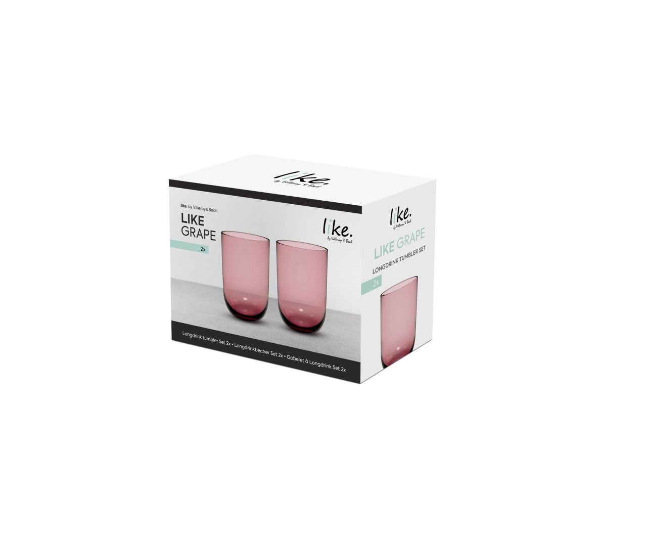 Verpackung eines 2-teiligen Longdrinkbecher-Sets in der Farbe Lila, Vorderansicht