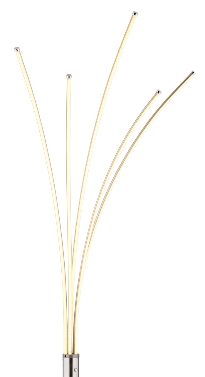 Moderne staande lamp met gebogen, verlichte armen, gezien vanaf de zijkant