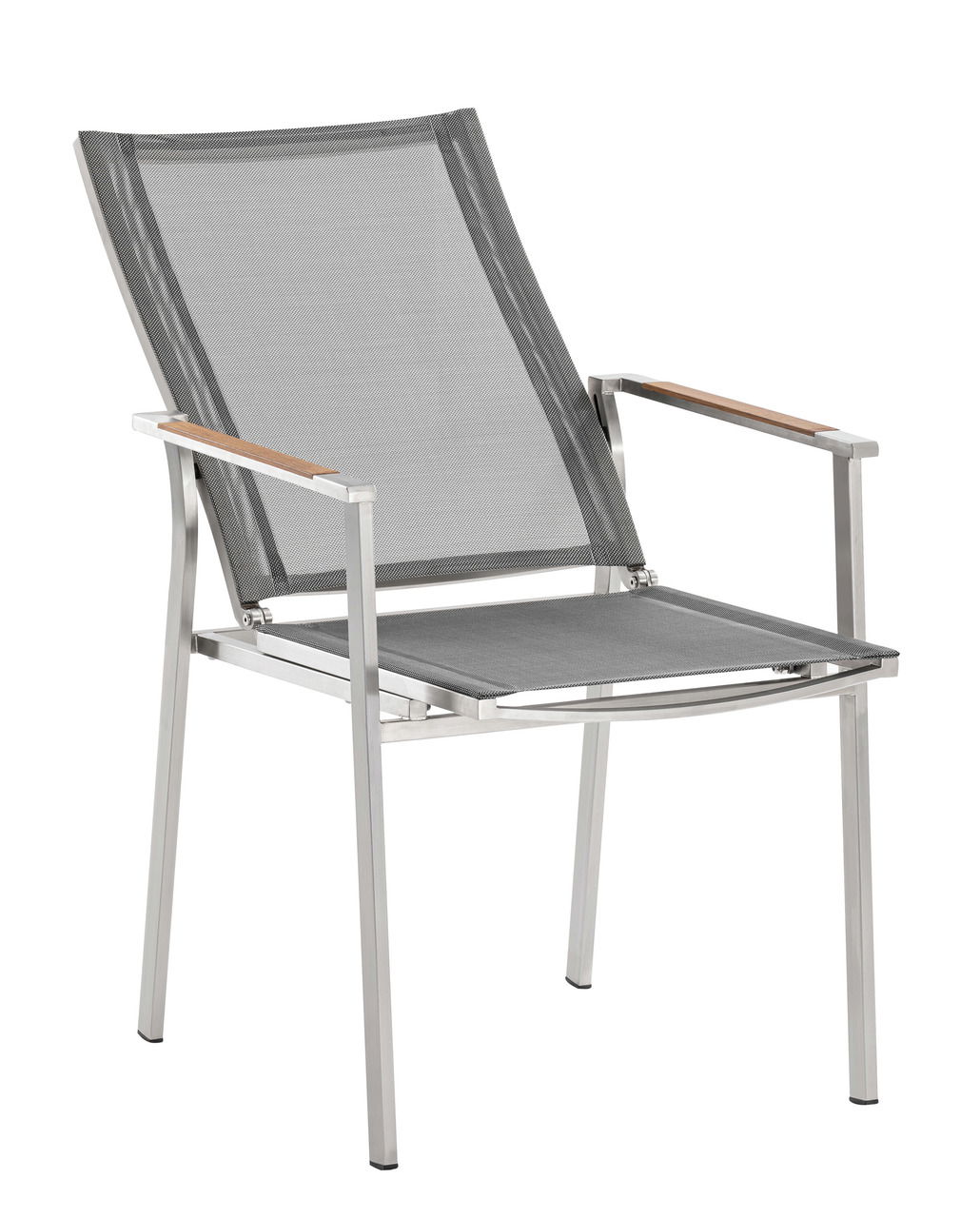 Moderner Sessel aus Metall mit grauem Netzgewebe und Holzarmlehnen, seitliche Perspektive