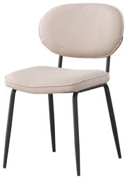 Moderner Stuhl mit gepolstertem Sitz und Rückenlehne in hellem Stoff, schwarzes Metallgestell, seitliche Perspektive