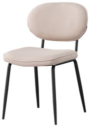 Moderner Stuhl mit gepolstertem Sitz und Rückenlehne in hellem Stoff, schwarzes Metallgestell, seitliche Perspektive