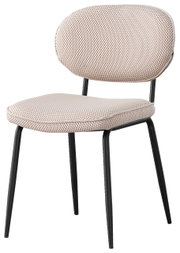 Moderner Stuhl mit gepolstertem Sitz und Rückenlehne in hellem Stoff, schwarzes Metallgestell, seitliche Perspektive