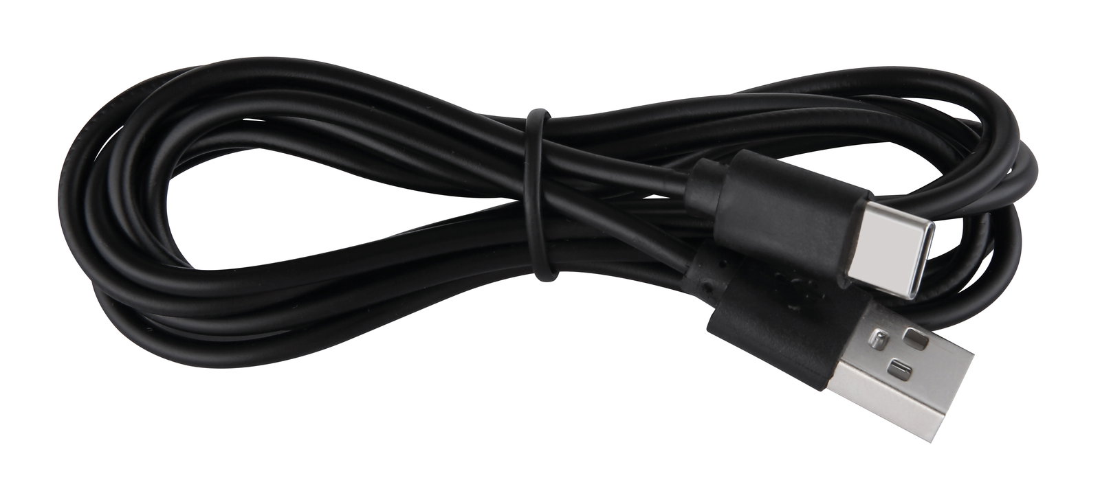 Schwarzes USB-Kabel mit USB-A und USB-C Anschlüssen, von oben fotografiert