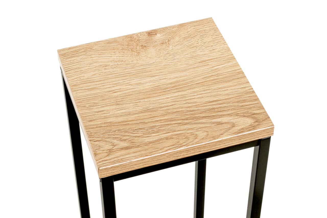 Beistelltisch mit Holzoptik-Oberfläche und schwarzem Metallgestell, Perspektive von oben