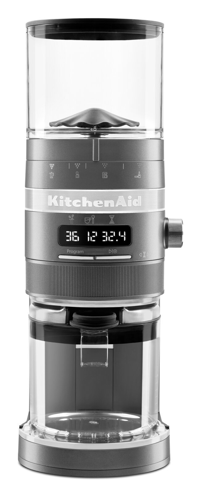 Silberne Kaffeemühle von KitchenAid, frontal abgebildet mit digitalem Display und transparentem Bohnenbehälter.