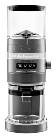 Silberne Kaffeemühle von KitchenAid, frontal abgebildet mit digitalem Display und transparentem Bohnenbehälter.