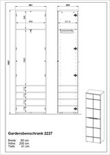 Technische Zeichnung eines Garderobenschranks mit den Maßen Breite: 60 cm, Höhe: 200 cm, Tiefe: 41 cm, Vorder- und Seitenansicht.