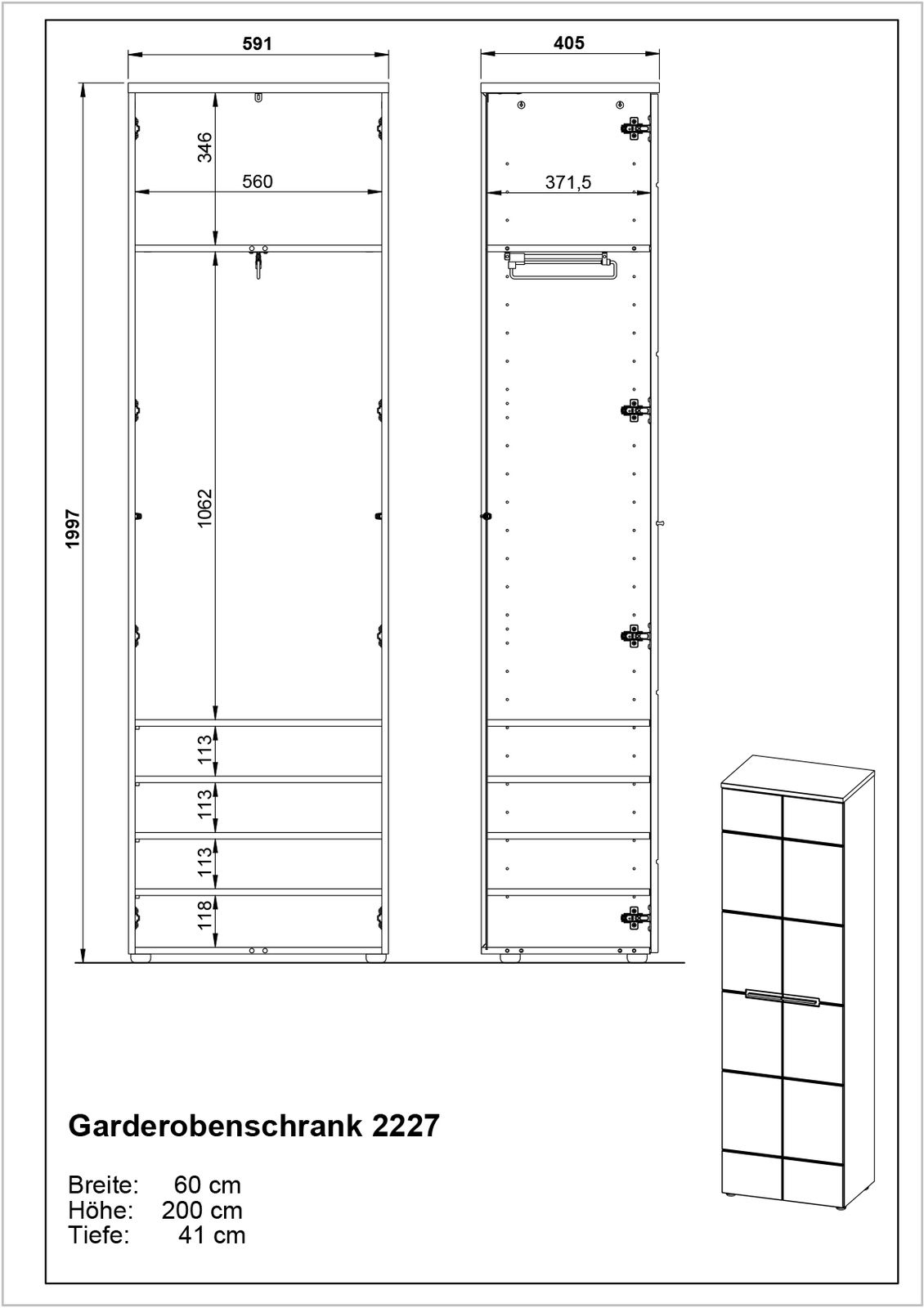 Technische Zeichnung eines Garderobenschranks mit den Maßen Breite: 60 cm, Höhe: 200 cm, Tiefe: 41 cm, Vorder- und Seitenansicht.