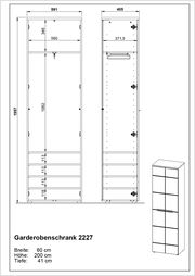 Technische Zeichnung eines Garderobenschranks mit den Maßen Breite: 60 cm, Höhe: 200 cm, Tiefe: 41 cm, Vorder- und Seitenansicht.