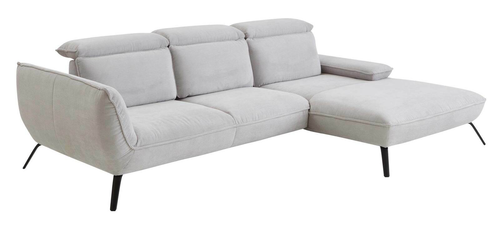 Graues Longchair-Sofa mit drei Rückenkissen und schwarzen Metallbeinen, seitliche Perspektive